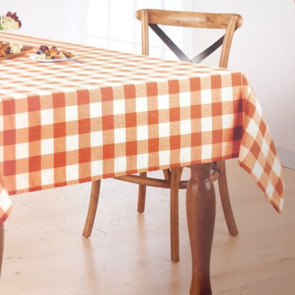 Fabric Tablecloth Fall Harvest Gingham Plaid 60x102 Orange Ivory - Picture 1 of 3
